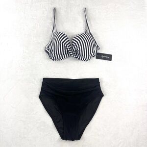 Aqua Eve 2pc Bikini Sz S High Waisted Underwire Tummy Control Striped Black Swim